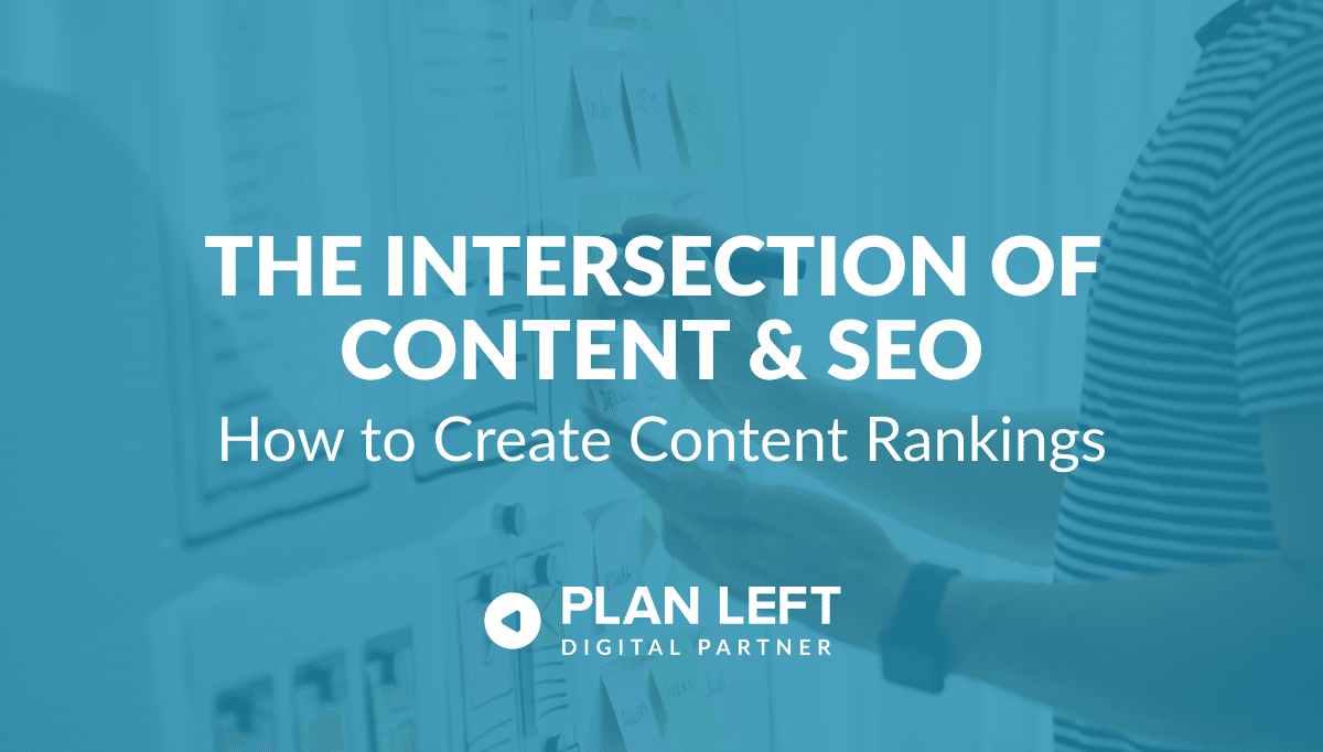 The Intersection of Content and SEO. How to Create Content Rankings, in white font with an image and blue overlay.